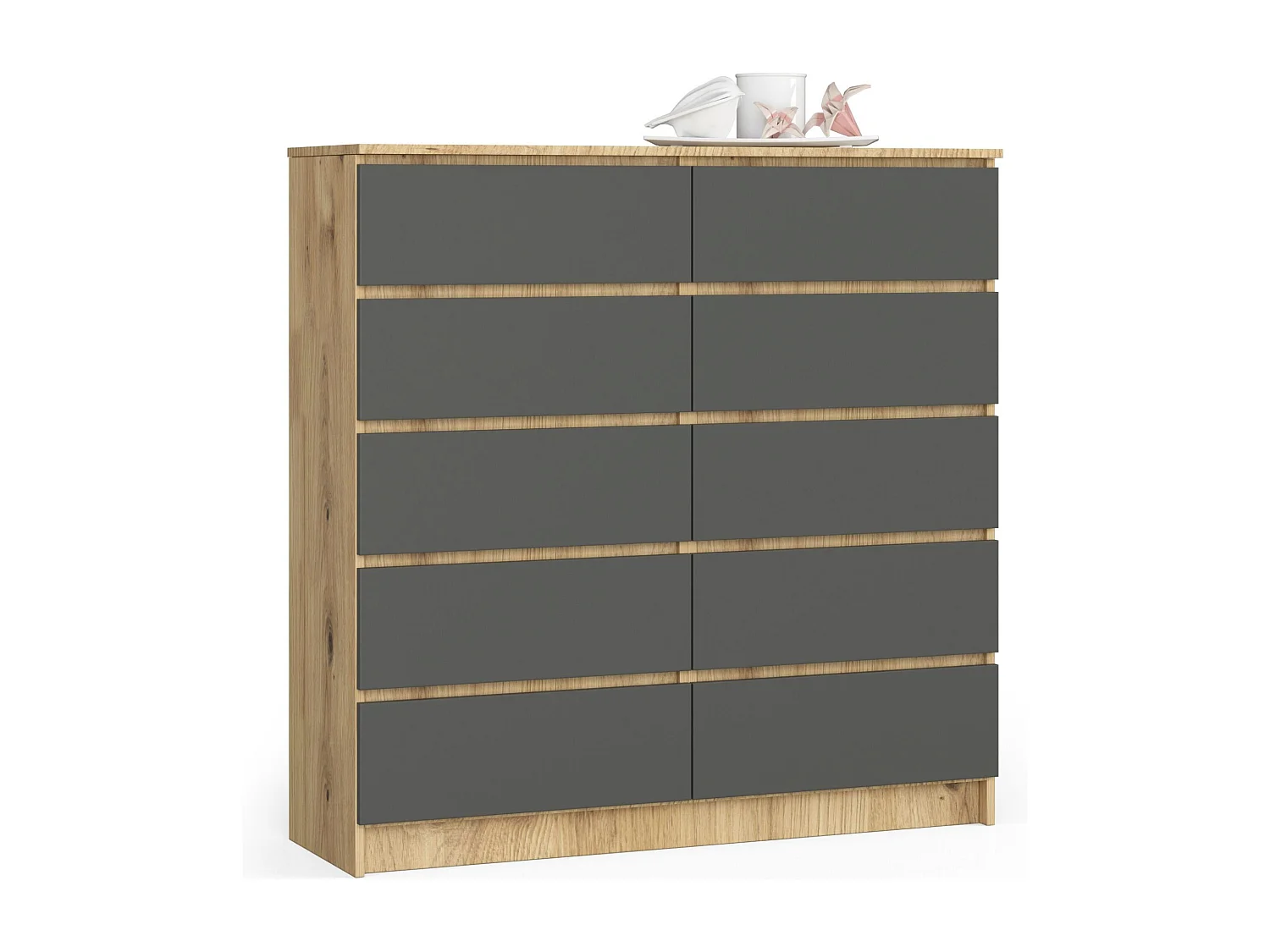 Commode AKORD K120 Chêne Artisan 120 cm 10 tiroirs façade Gris Graphite 120x40x121 cm