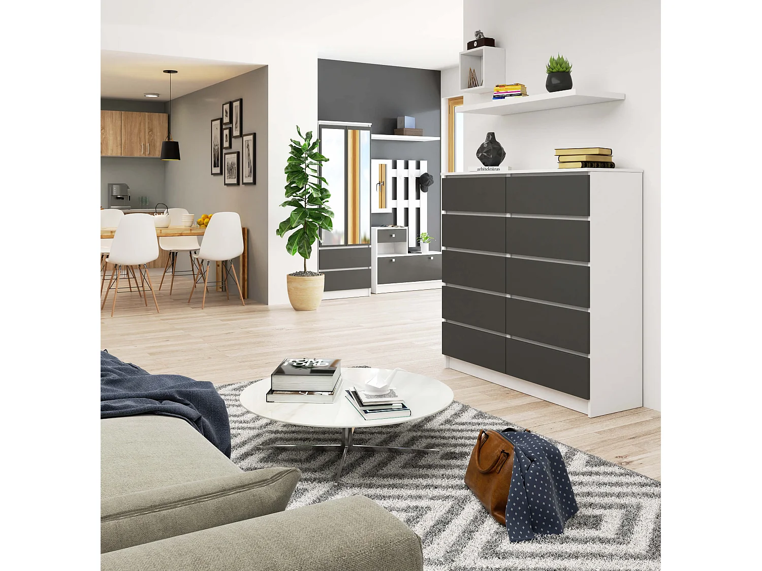 Commode AKORD K120 Blanche 120 cm 10 tiroirs façade Gris Graphite 120x40x121 cm