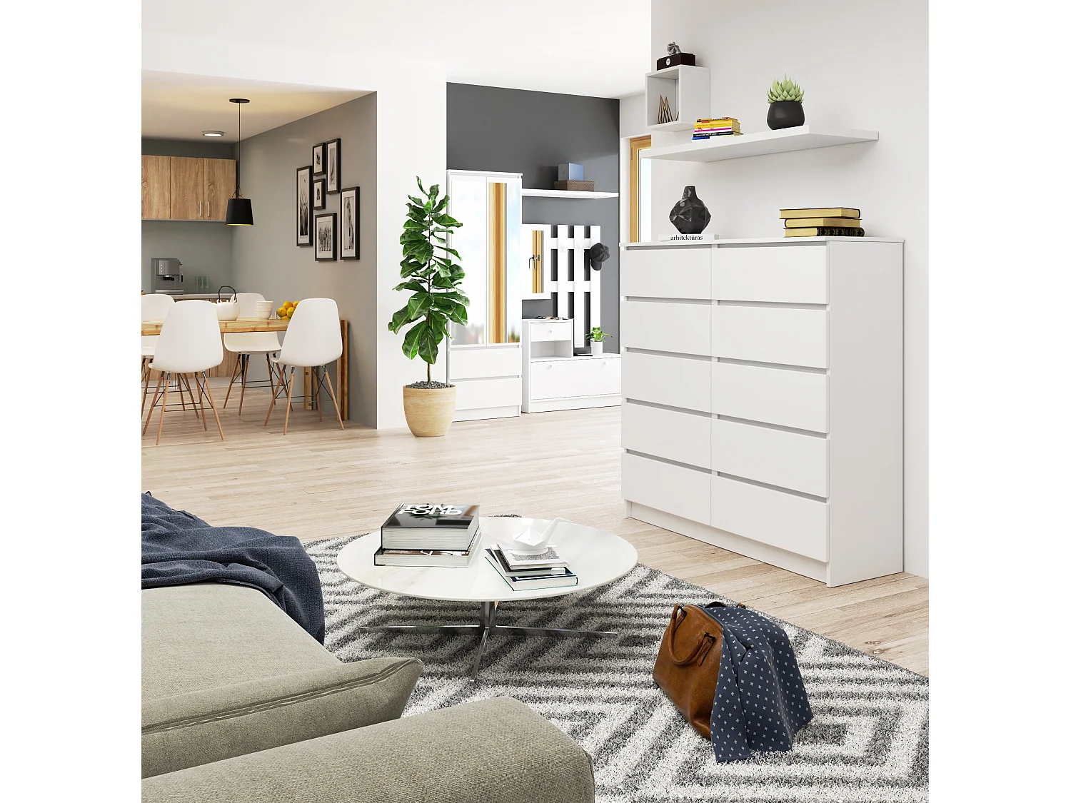 Cómoda AKORD K120 Blanco 120 cm 10 cajones frente en color Blanco 120x40x121 cm