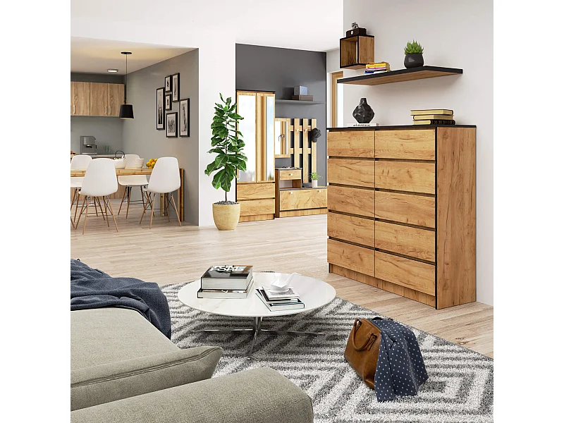 Commode AKORD K120 Chêne Craft 120 cm 10 tiroirs façade Chêne Craft 120x40x121 cm