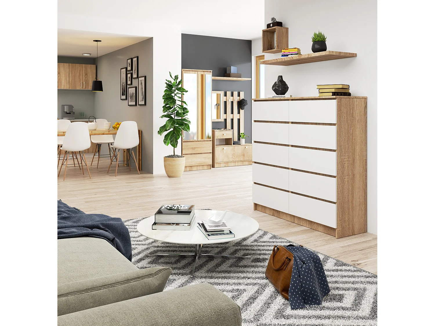 KOMMODE K120 10 LADE DUBBEL BLANCO EIKEN MAT