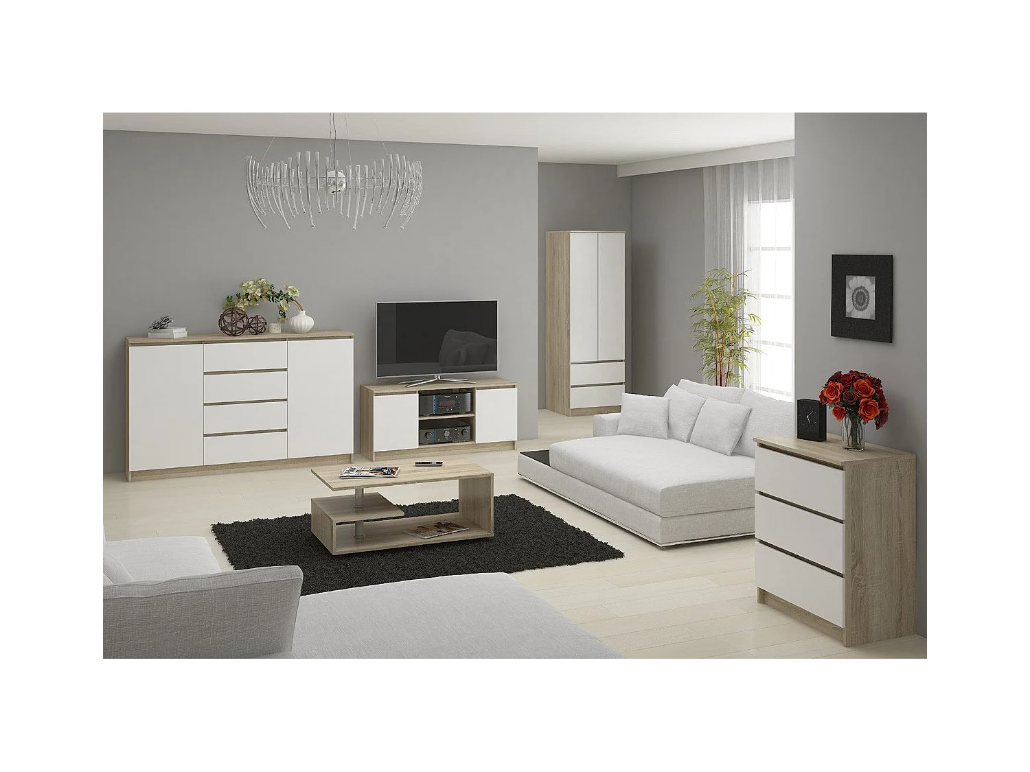 Commode AKORD K120 Chêne Sonoma 120 cm 10 tiroirs façade Blanche 120x40x121 cm