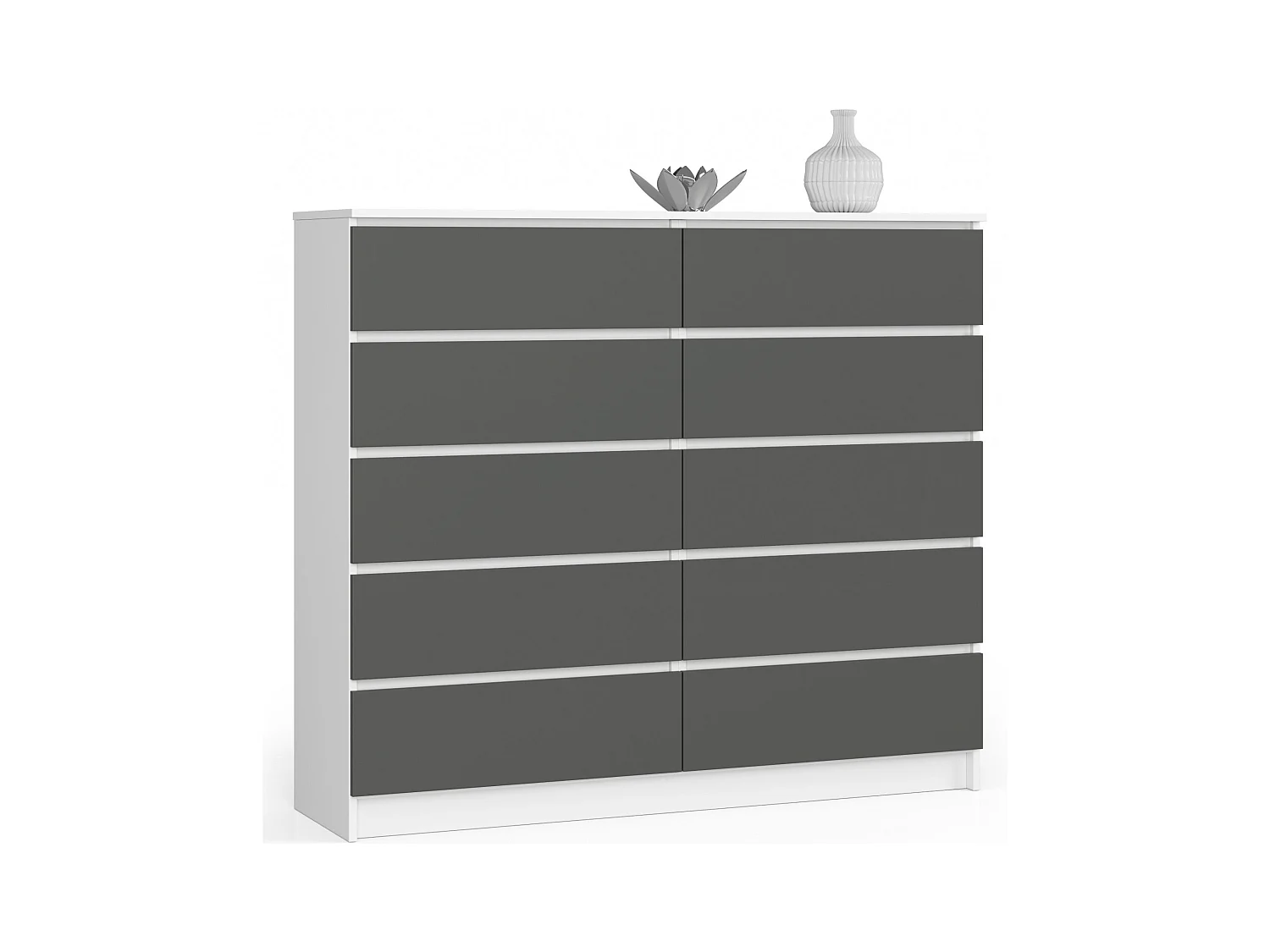 Commode AKORD K140 Blanche 138 cm 10 tiroirs façade Gris Graphite 138x40x121 cm