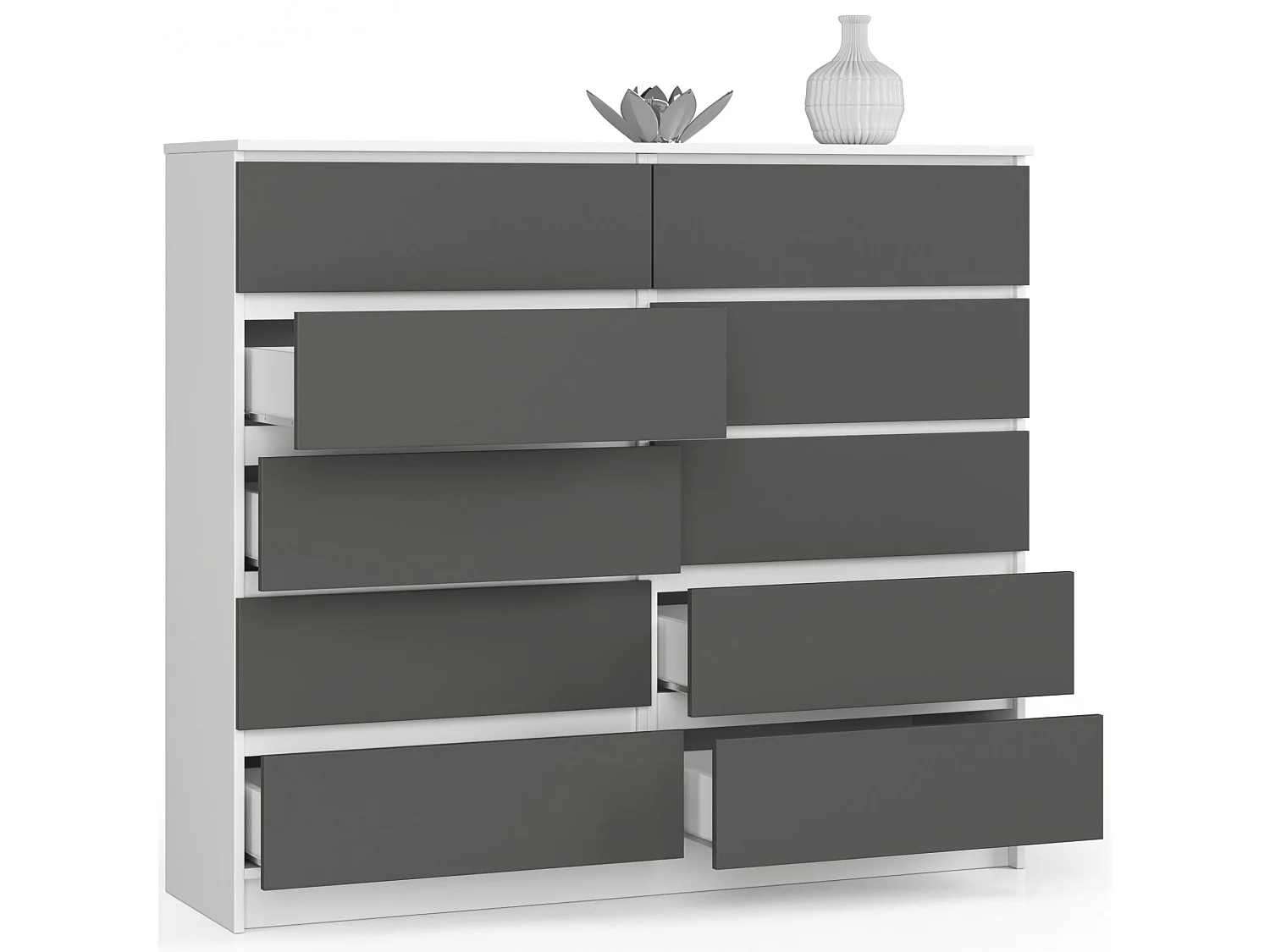 Commode AKORD K140 Blanche 138 cm 10 tiroirs façade Gris Graphite 138x40x121 cm
