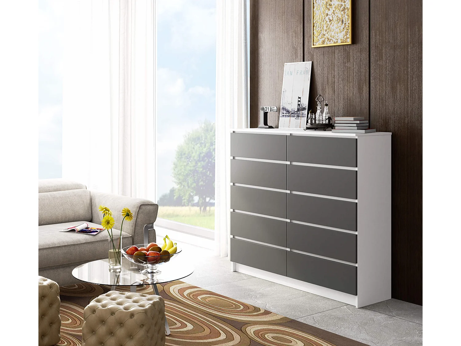 Commode AKORD K140 Blanche 138 cm 10 tiroirs façade Gris Graphite 138x40x121 cm