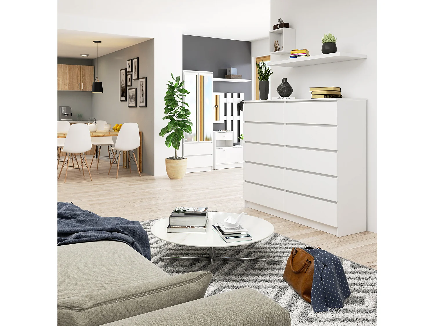 Commode AKORD K140 Blanche 138 cm 10 tiroirs façade Blanche 138x40x121 cm