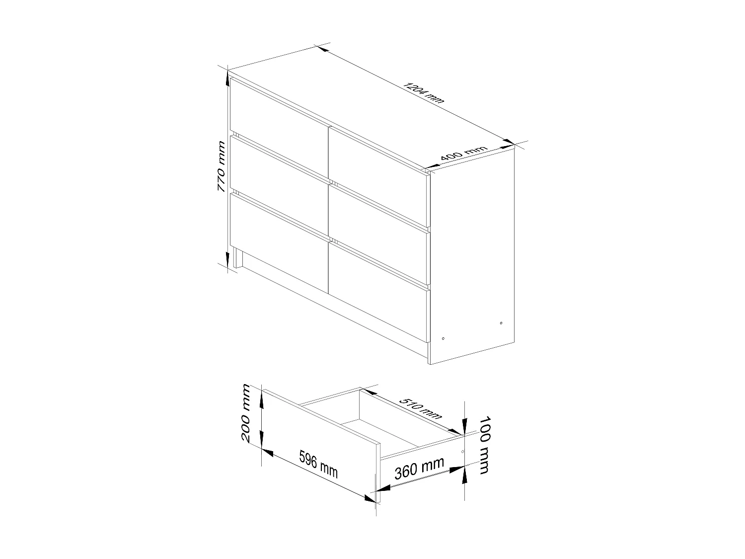 Commode AKORD K120 Chêne Artisan 120 cm 6 tiroirs façade Blanche 120x40x77 cm
