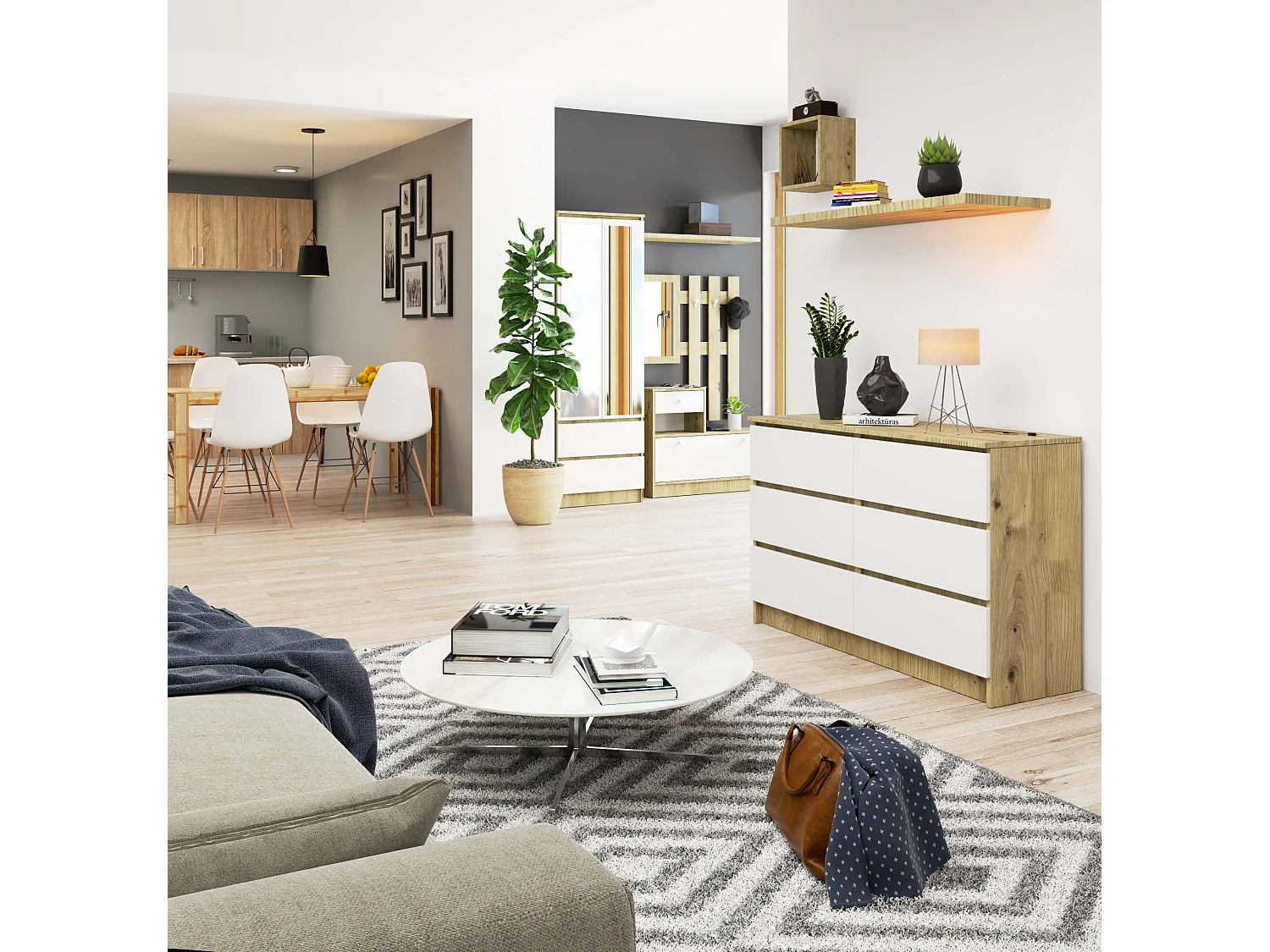 Commode AKORD K120 Chêne Artisan 120 cm 6 tiroirs façade Blanche 120x40x77 cm