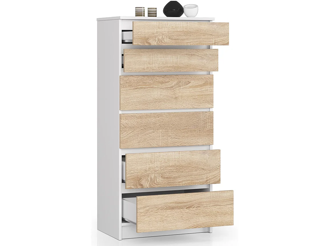 Kommode AKORD K60 Weiß 60 cm 6 Schubladen Front Sonoma-Eiche B60 x H130 x T40 cm