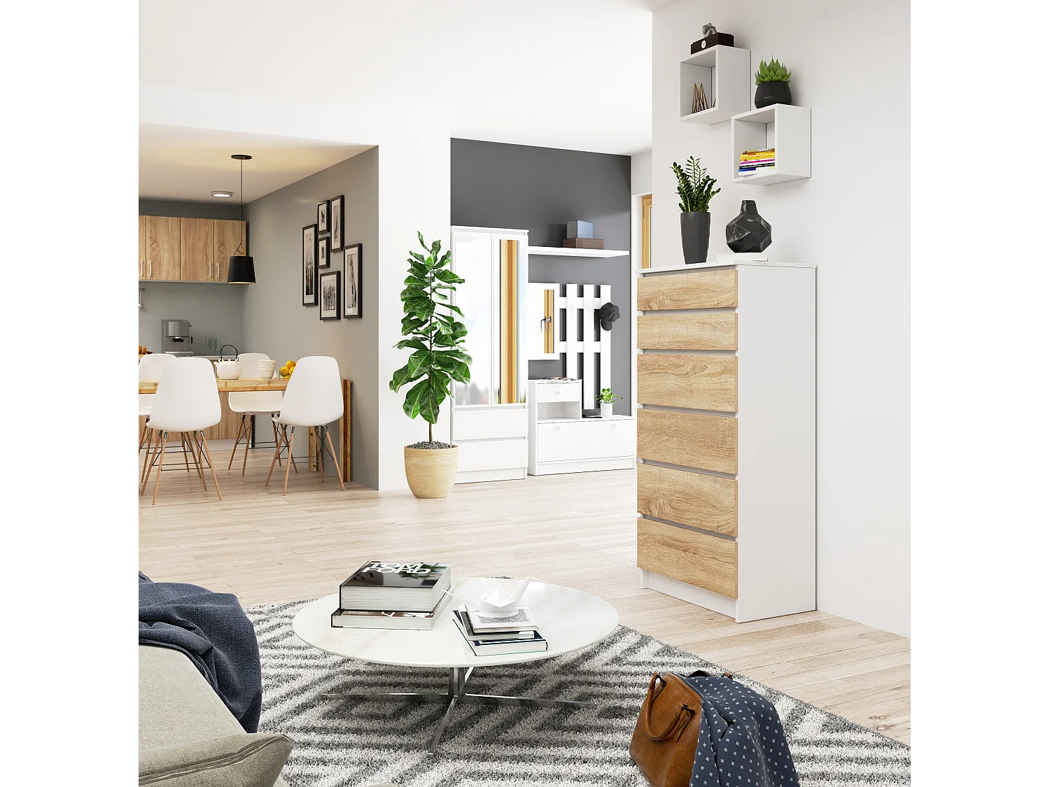 Kommode AKORD K60 Weiß 60 cm 6 Schubladen Front Sonoma-Eiche B60 x H130 x T40 cm