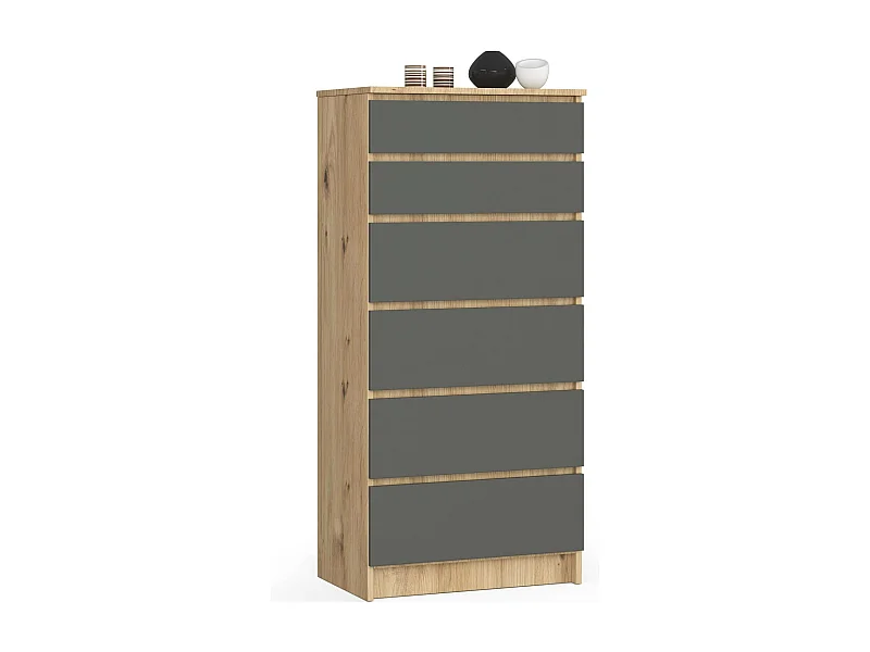 Artisan Eiken Kommode met Grijze Laden - 6 Lades, 130x60x40 cm, Zelfmontage, Moderne Inrichting