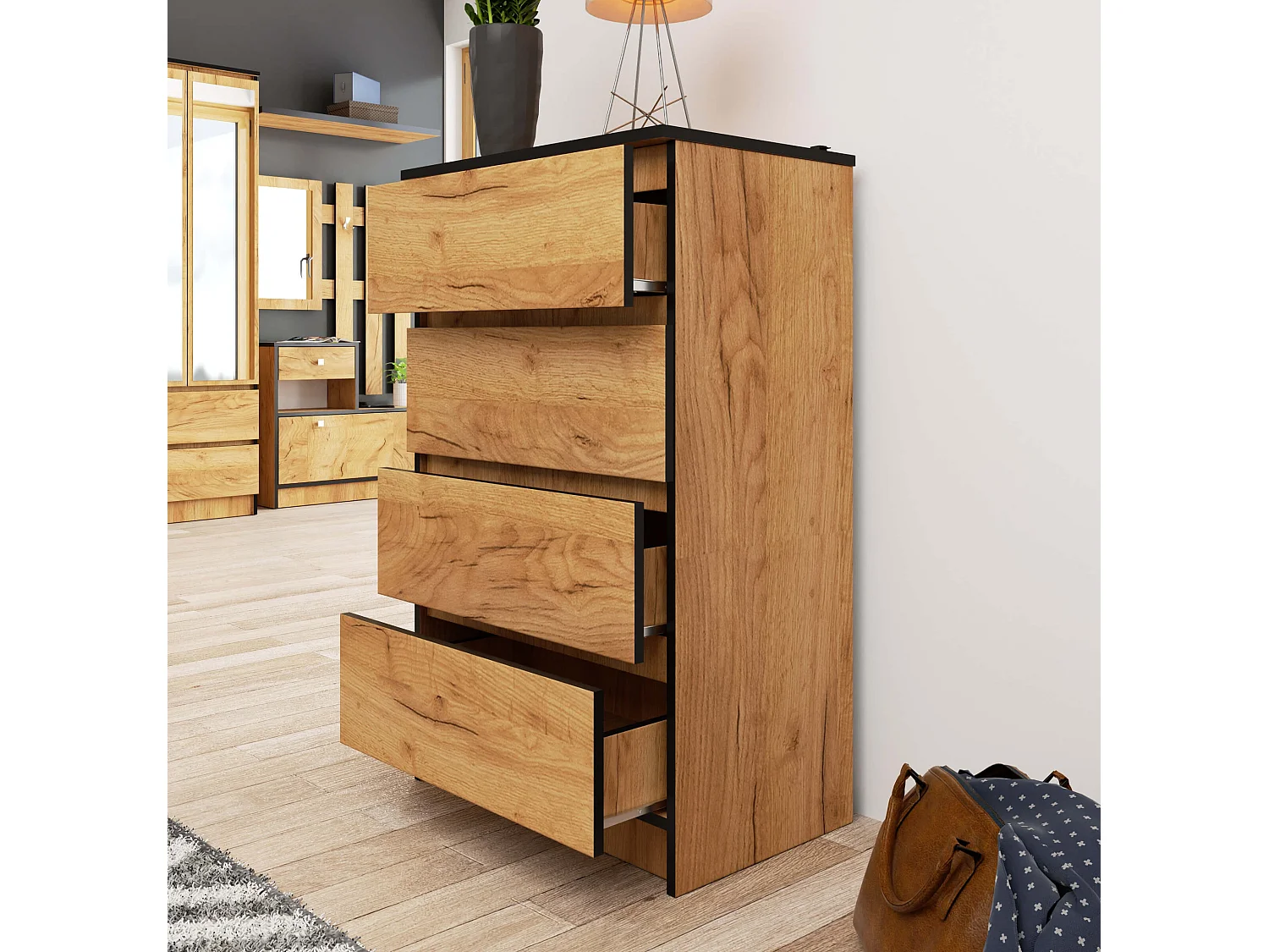 Cómoda AKORD K60 Roble Craft 60 cm 4 cajones frente en color Roble Craft 60x40x99 cm