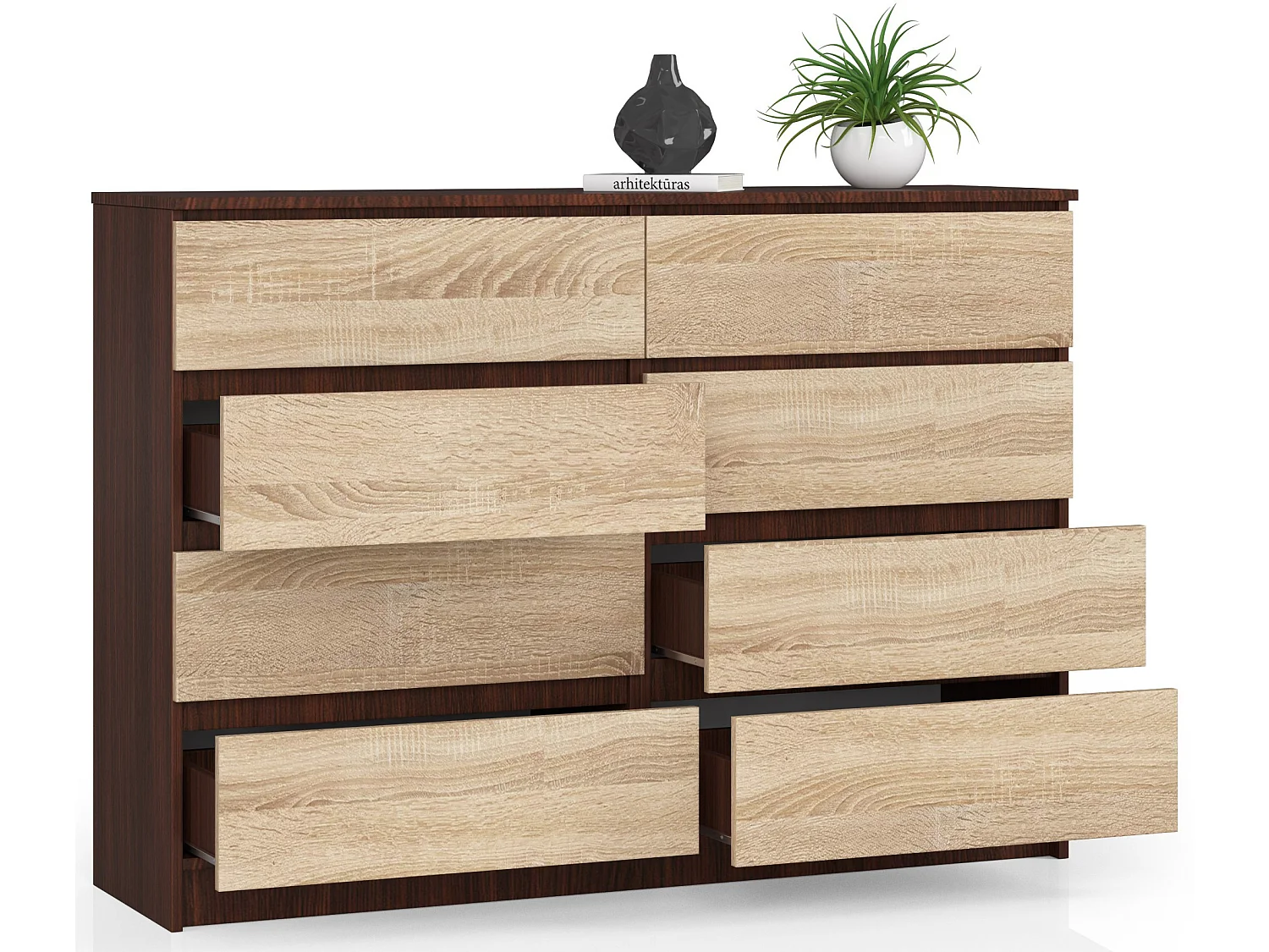 Kommode AKORD K140 Wenge 138 cm 8 Schubladen Front Sonoma-Eiche B138 x H99 x T40 cm