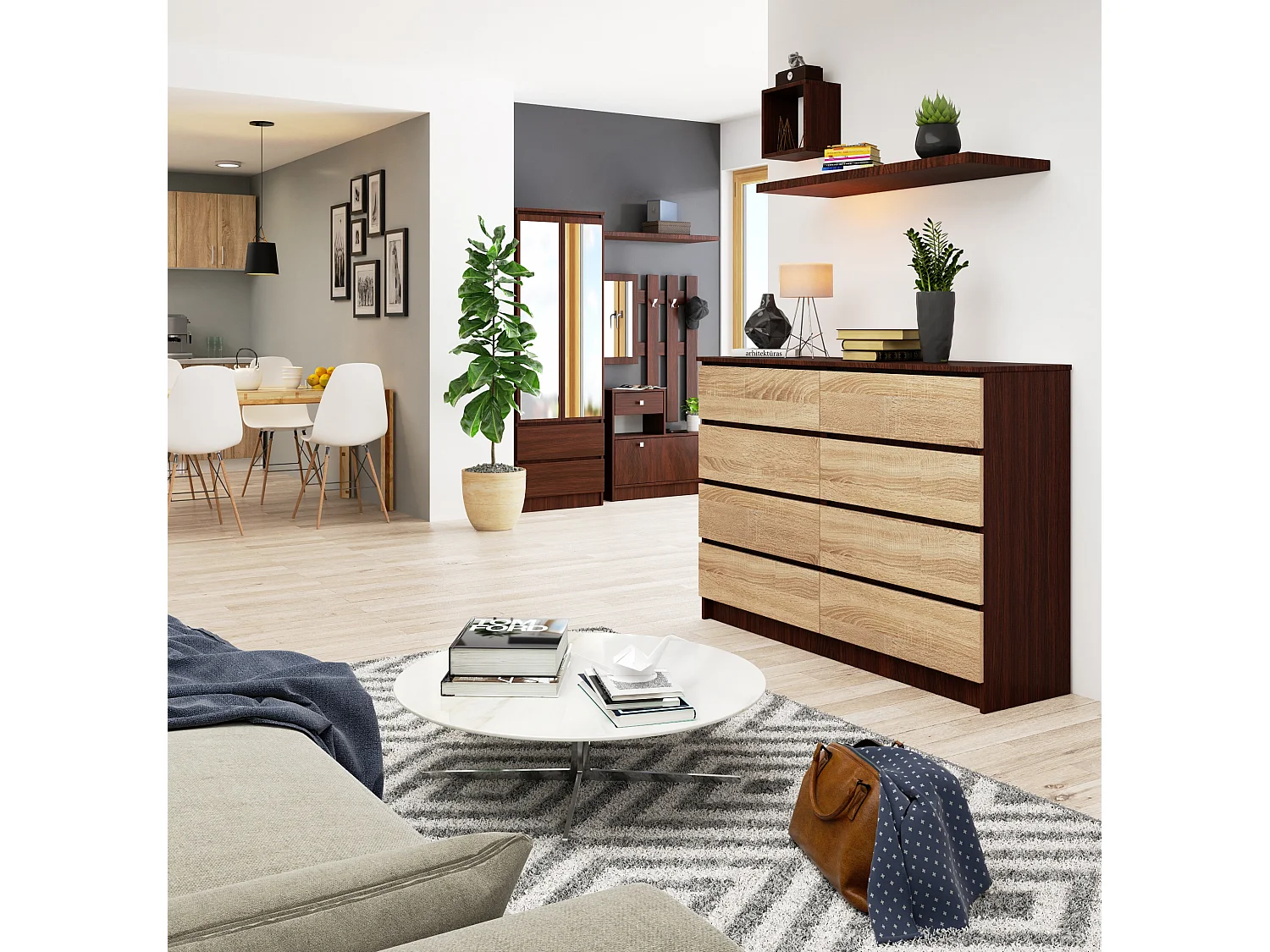 Commode AKORD K140 Wengé 138 cm 8 tiroirs façade Chêne Sonoma 138x40x99 cm