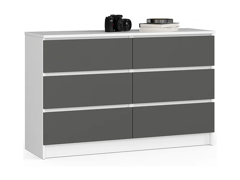 Kommode AKORD K120 Weiß 120 cm 6 Schubladen Front Graphitgrau B120 x H77 x T40 cm