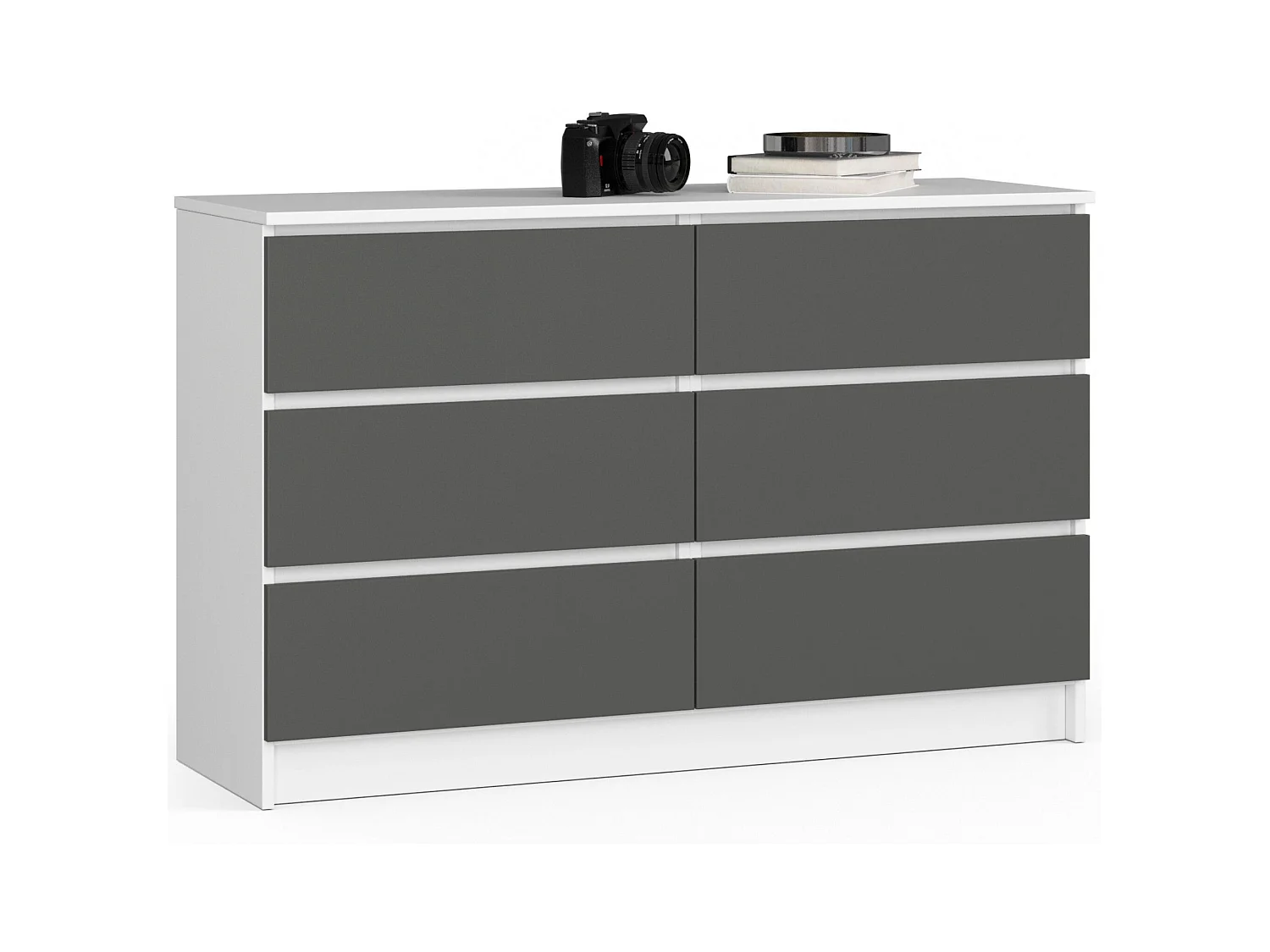 Commode AKORD K120 Blanche 120 cm 6 tiroirs façade Gris Graphite 120x40x77 cm