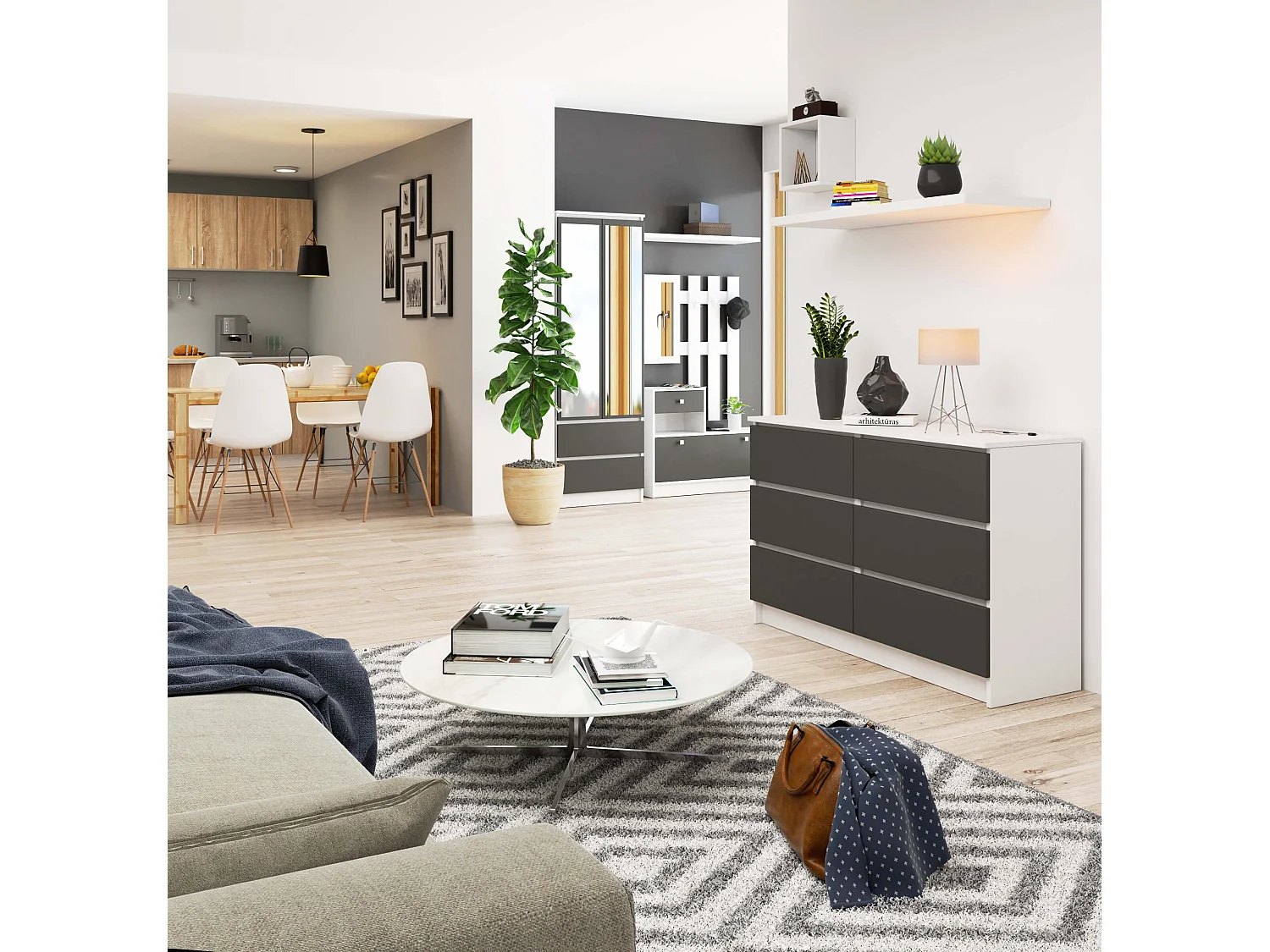 Commode AKORD K120 Blanche 120 cm 6 tiroirs façade Gris Graphite 120x40x77 cm