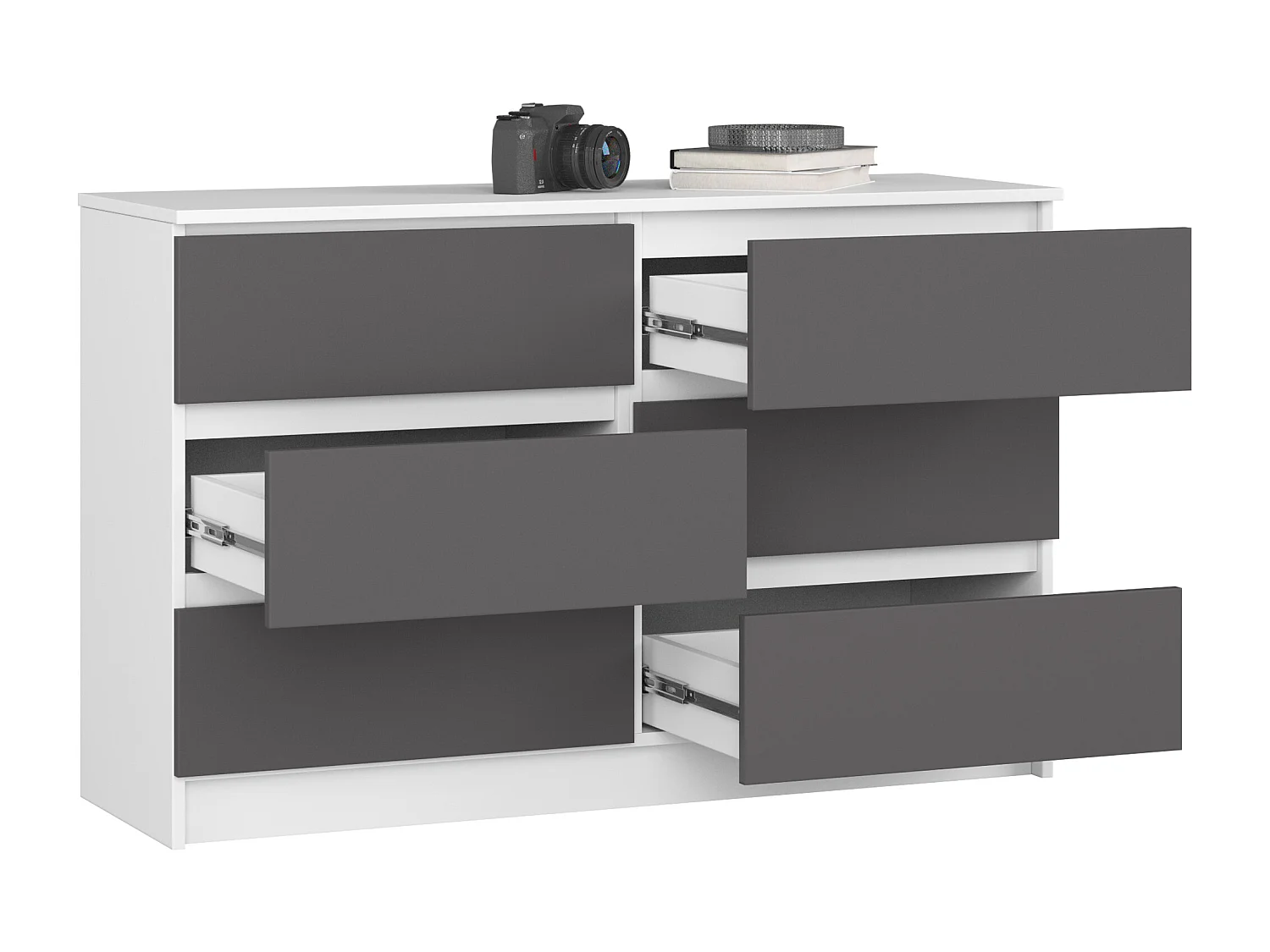 Commode AKORD K120 Blanche 120 cm 6 tiroirs façade Gris Graphite 120x40x77 cm