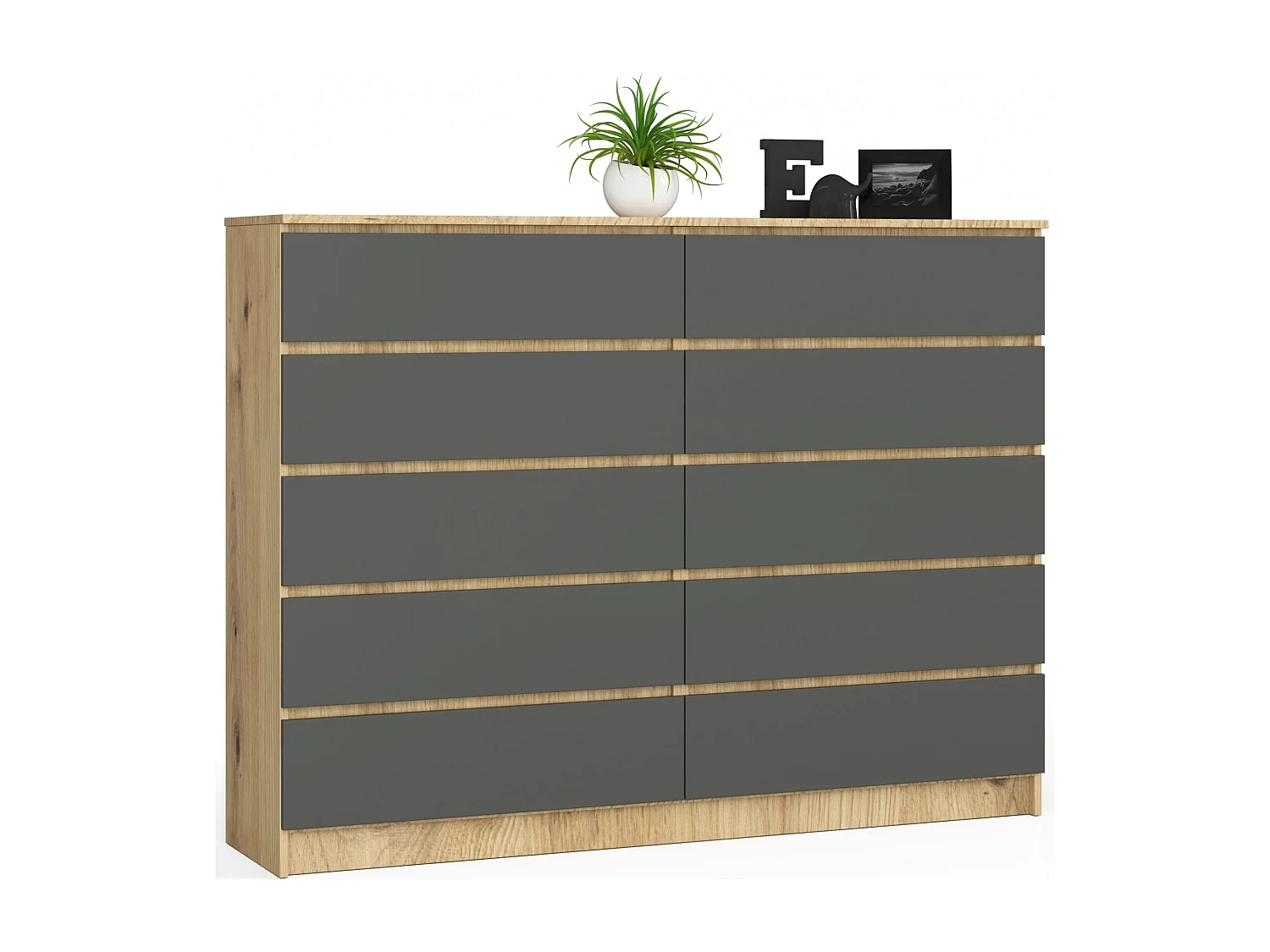 Grande Commode pour le salon AKORD K160 Chêne Artisan 160 cm 10 tiroirs façade Gris Graphite 160x40x121 cm