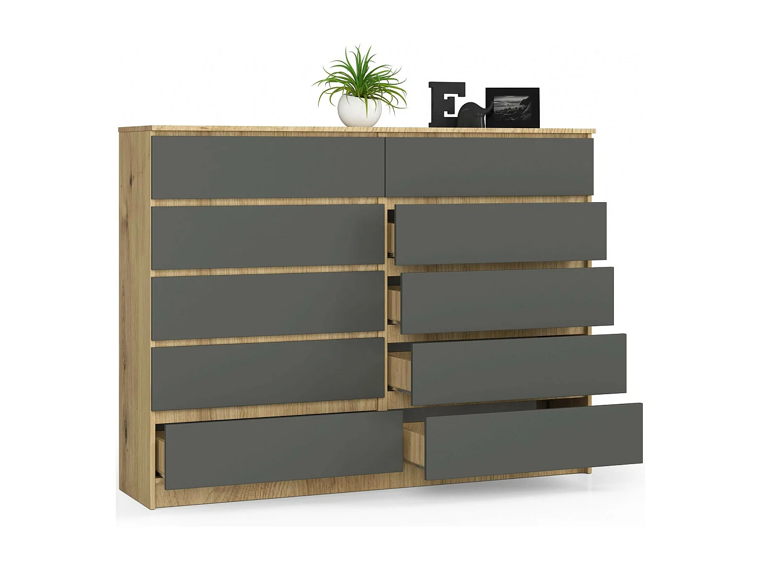 Grande Commode pour le salon AKORD K160 Chêne Artisan 160 cm 10 tiroirs façade Gris Graphite 160x40x121 cm