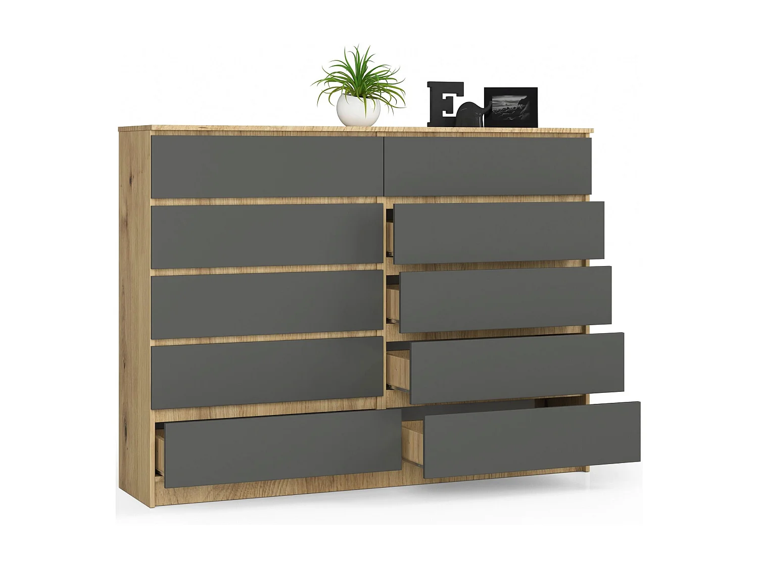 Grande Commode pour le salon AKORD K160 Chêne Artisan 160 cm 10 tiroirs façade Gris Graphite 160x40x121 cm