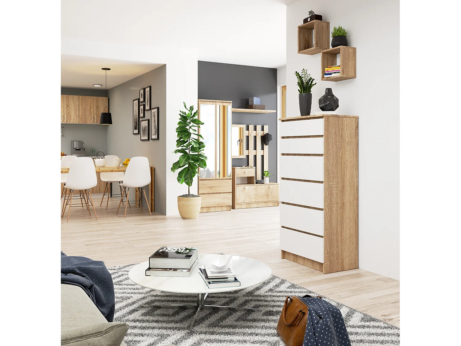 Cassettiera AKORD K60 Cassettiera Sonoma Quercia 60 cm 6 cassetti inserto frontale Bianco 60x40x130 cm