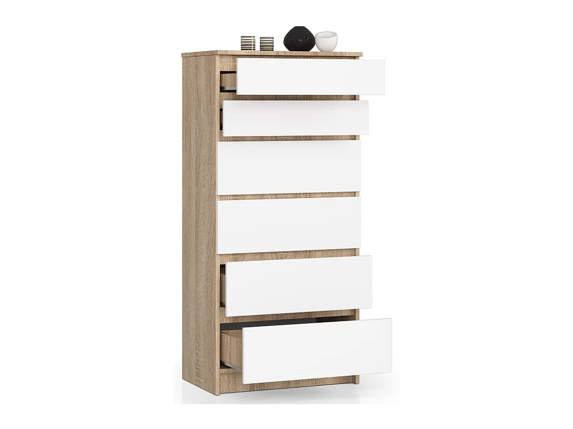 Staande Ladekast K60 met 6 Lade Dąb Sonoma/Wit - Mat Korpus en Fronten - Zelfmontage - 130x60x40 cm - Blokkering van Lades - Płyta Laminowana - ABS Randen