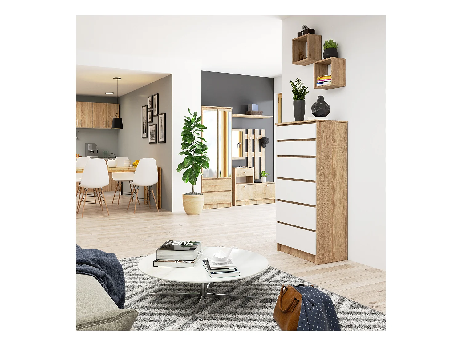 Staande Ladekast K60 met 6 Lade Dąb Sonoma/Wit - Mat Korpus en Fronten - Zelfmontage - 130x60x40 cm - Blokkering van Lades - Płyta Laminowana - ABS Randen