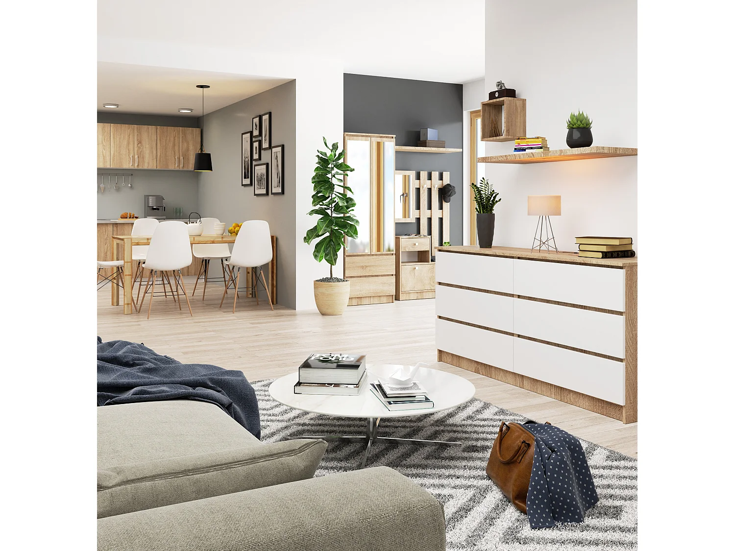 Sonoma Eiken Wit Ladeblok K160 - Moderne 6-Lade Kast, Zelf-montage, ABS Afwerking