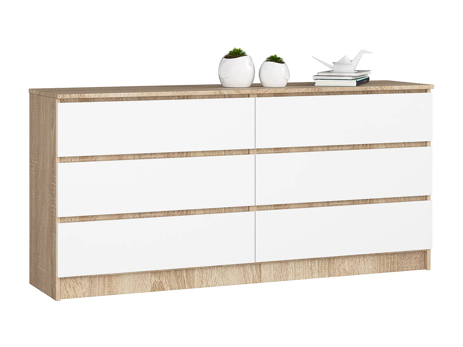 Grande Commode pour le salon AKORD K160 Chêne Sonoma 160 cm 6 tiroirs façade Blanche 160x40x77 cm