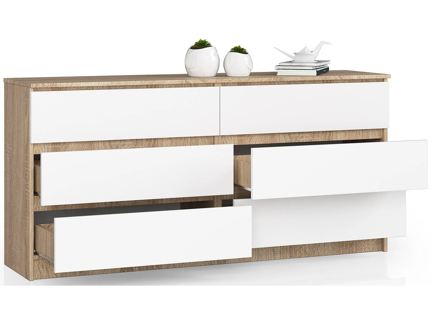 Grande Commode pour le salon AKORD K160 Chêne Sonoma 160 cm 6 tiroirs façade Blanche 160x40x77 cm