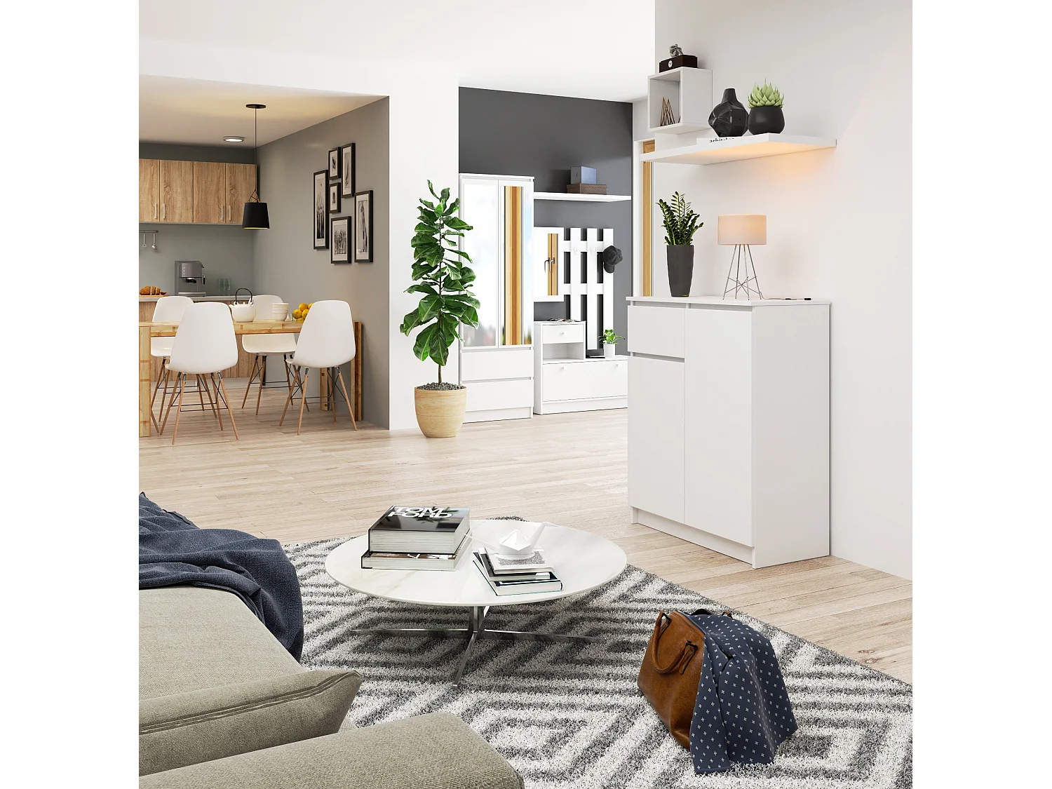 Kommode AKORD K80 Weiß 80 cm 2 Türen Schublade 4 Ebenen B80 x H99 x T40 cm