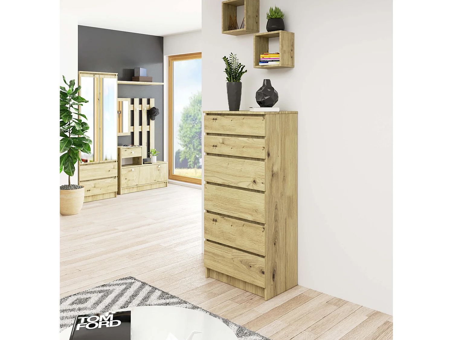 Kommode K60 6 Lades Dąb Artisan Staande Kast 60x130x40cm, Houtlook, Zelfmontage