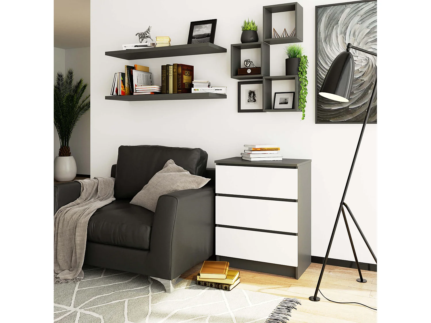 Moderne Grafietgrijze en Witte Dressoir K60 met 3 Laden - Compact & Stijlvol 60x77x40 cm