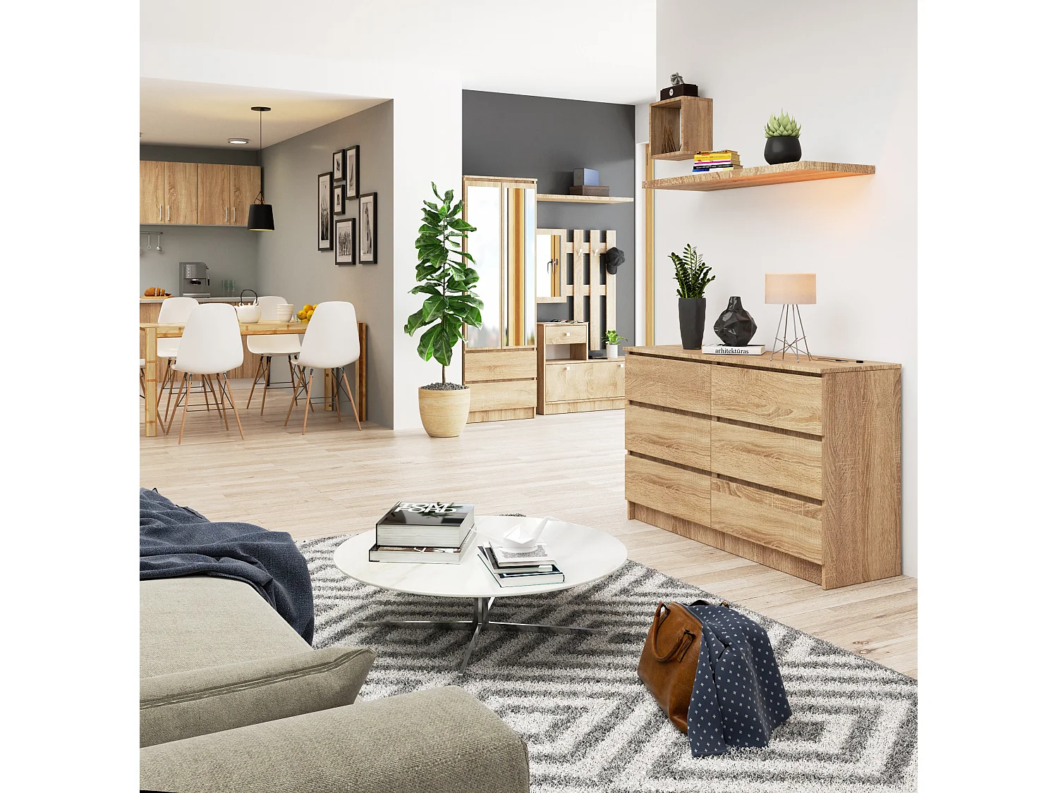 Ladekast K120 met 6 Lades / AKORD Furniture Factory / Sonoma Eik / 120 x 77 x 40 cm