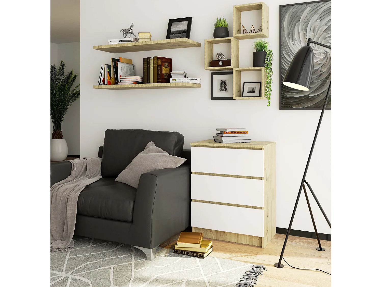 Ladekast K60 met 3 Lades / AKORD Furniture Factory / Artisan Eik - Wit / 60 x 77 x 40 cm