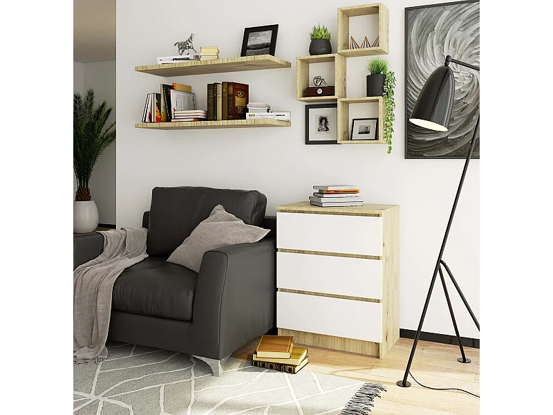 Commode AKORD K60 Chêne Artisan 60 cm 3 tiroirs façade Blanche 60x40x77 cm