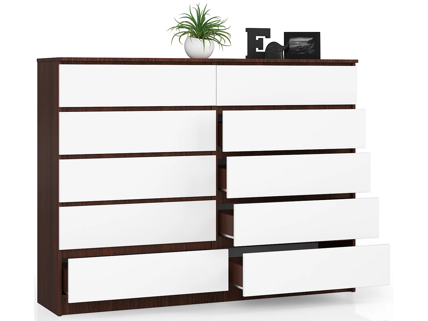 Grande Commode pour le salon AKORD K160 Wengé 160 cm 10 tiroirs façade Blanche 160x40x121 cm