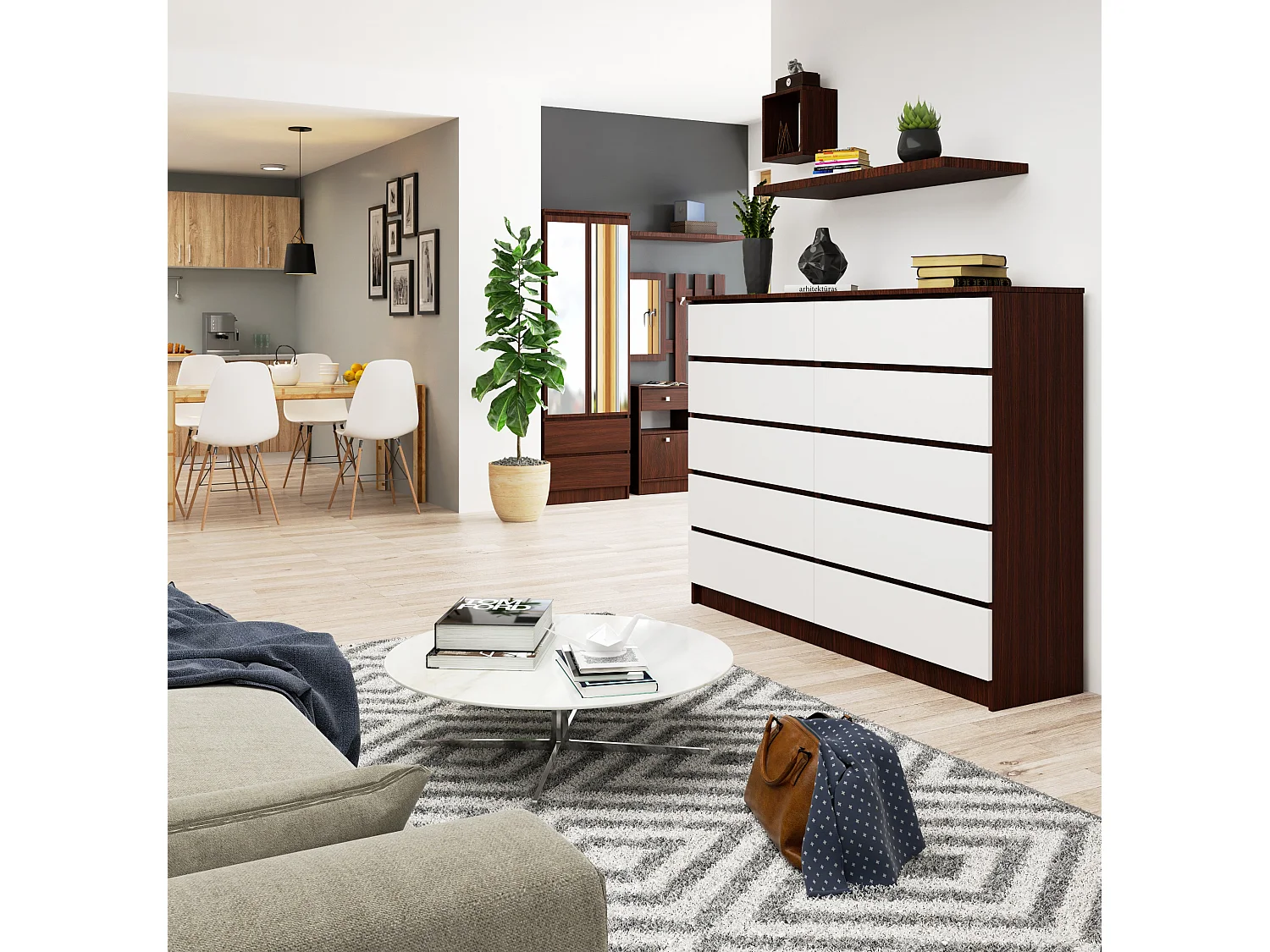 Grande Commode pour le salon AKORD K160 Wengé 160 cm 10 tiroirs façade Blanche 160x40x121 cm