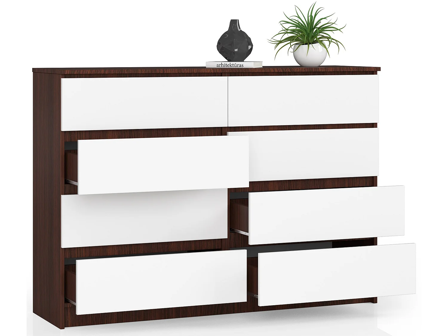 Kommode K140 8 Lades - Wenge/Wit, ABS-randen, Laminaatplaat, Zelfmontage