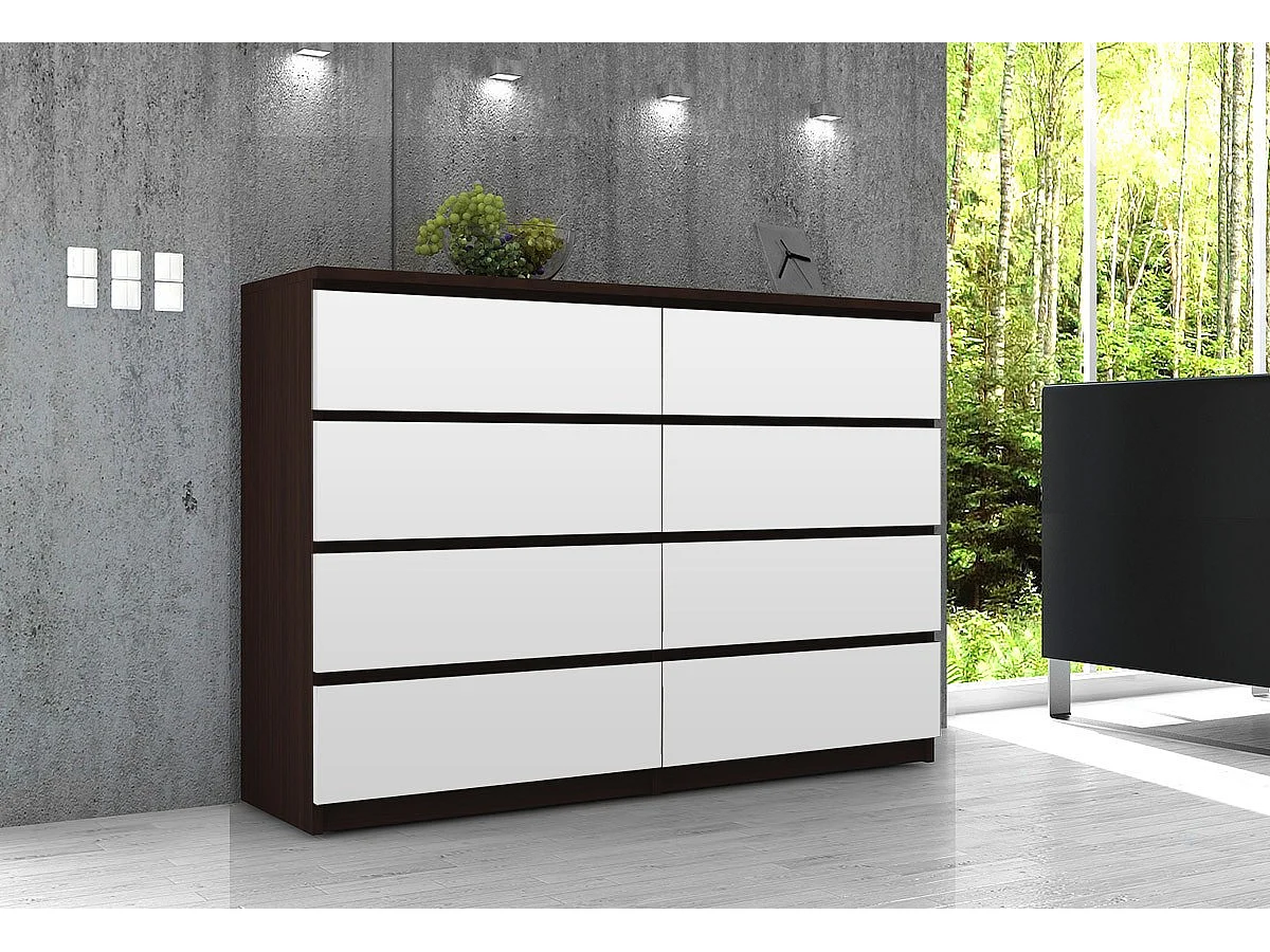 Commode AKORD K140 Wengé 138 cm 8 tiroirs façade Blanche 138x40x99 cm