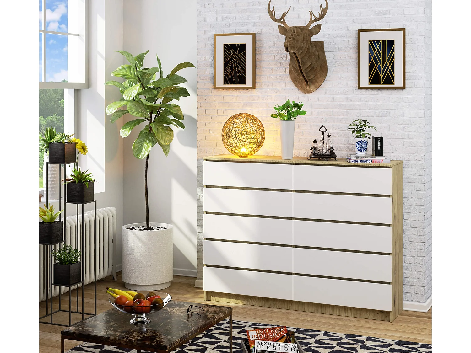 Grande Commode pour le salon AKORD K160 Chêne Artisan 160 cm 10 tiroirs façade Blanche 160x40x121 cm