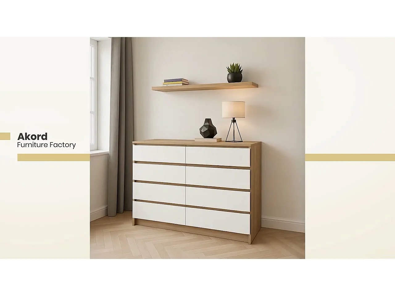 Commode AKORD K120 Chêne Sonoma 120 cm 8 tiroirs façade Blanche 120x40x99 cm