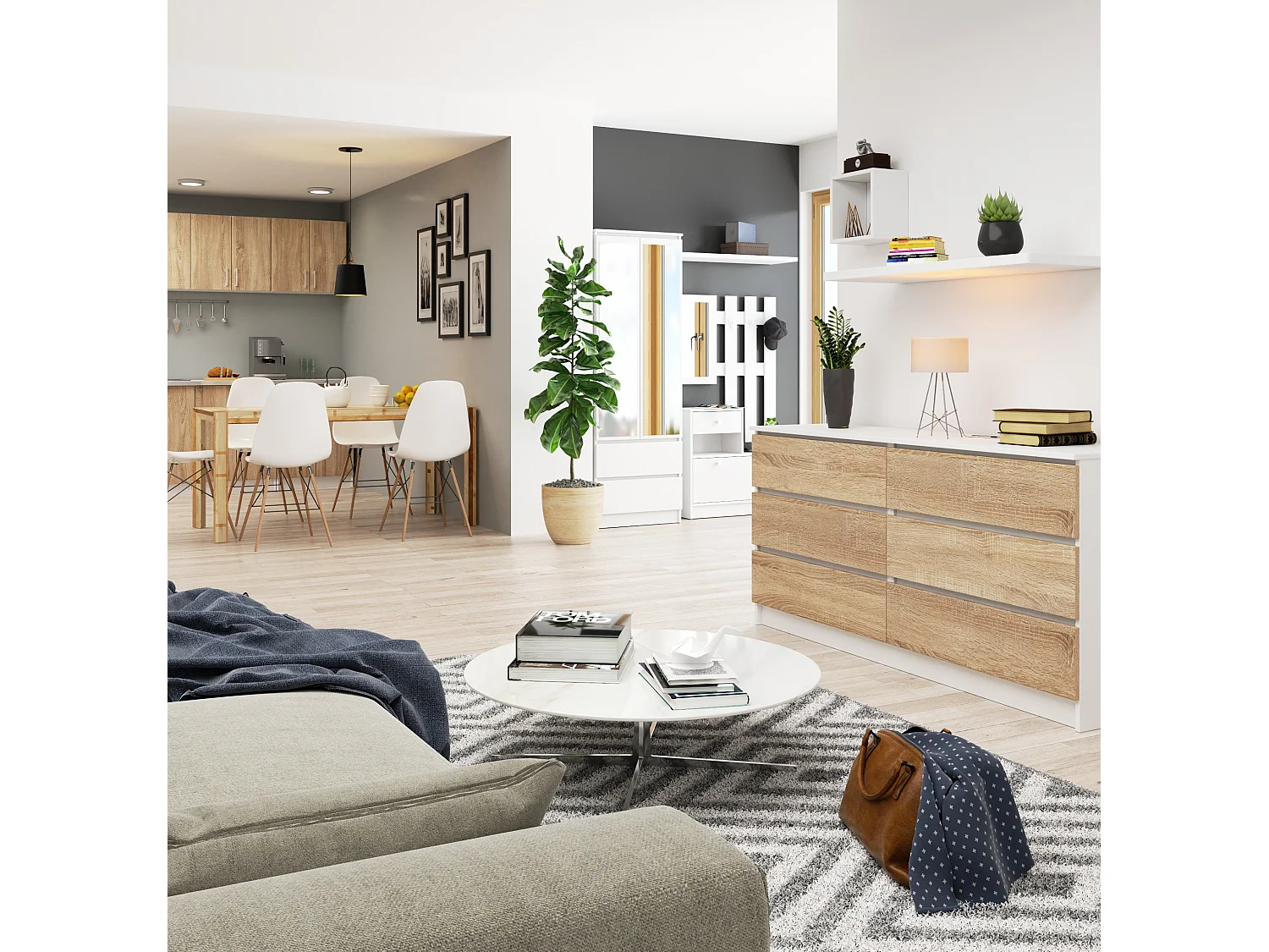 Kast K160 6 Lades Wit / Sonoma Eikenafwerking - Moderne Stijl, Ruime Opslagoptie, Zelfmontage Meubel, Elegant Mat Witte Bovenkant, Tijdloze Eiken Detailering