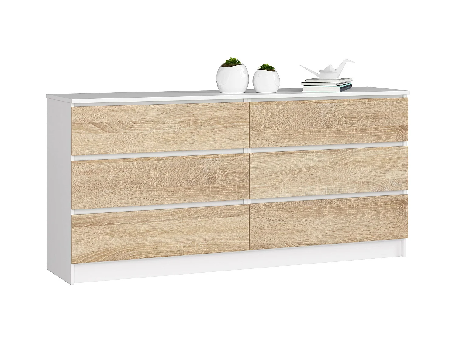 Grande Commode pour le salon AKORD K160 Blanche 160 cm 6 tiroirs façade Chêne Sonoma 160x40x77 cm