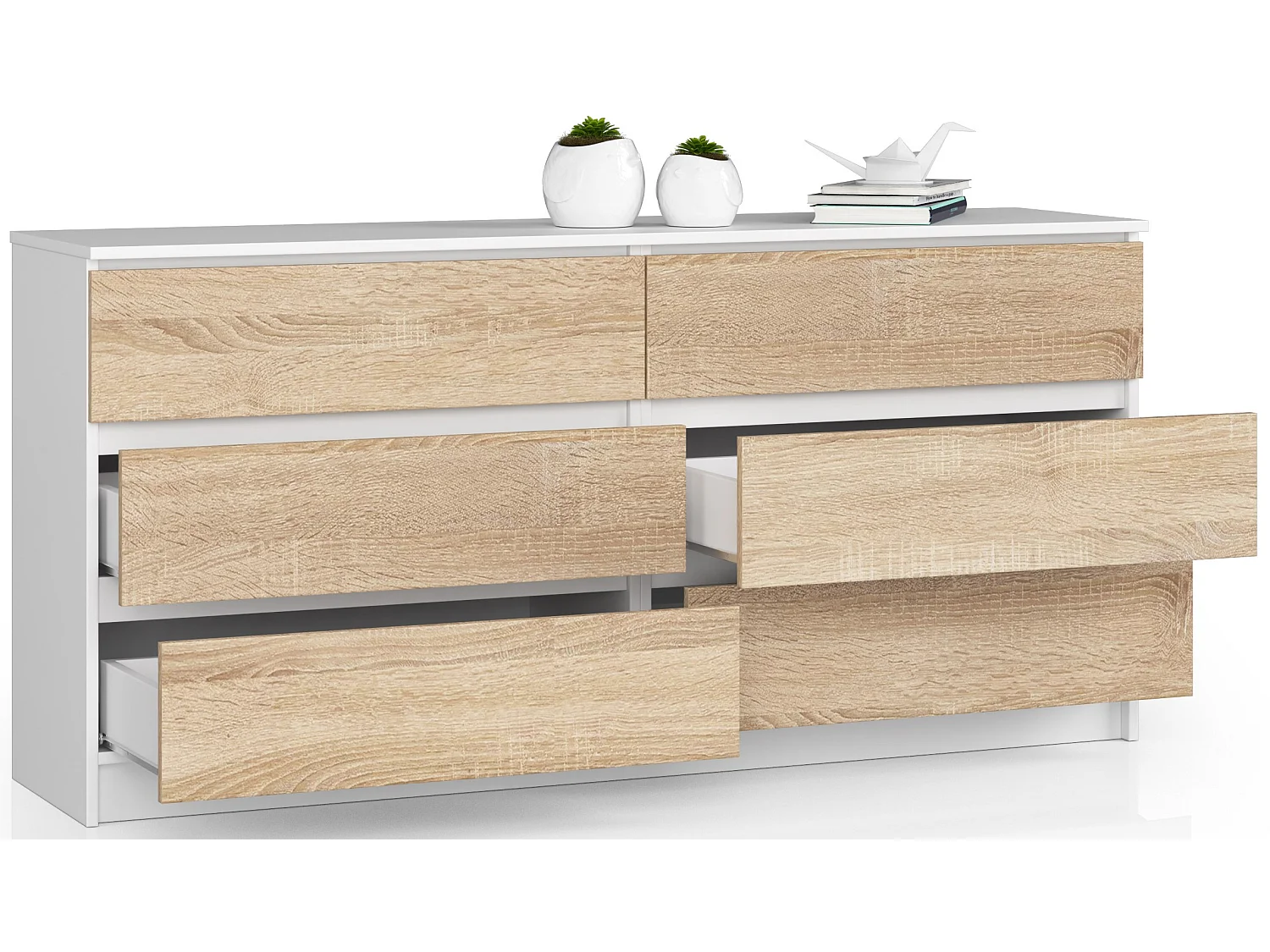 Grande Commode pour le salon AKORD K160 Blanche 160 cm 6 tiroirs façade Chêne Sonoma 160x40x77 cm