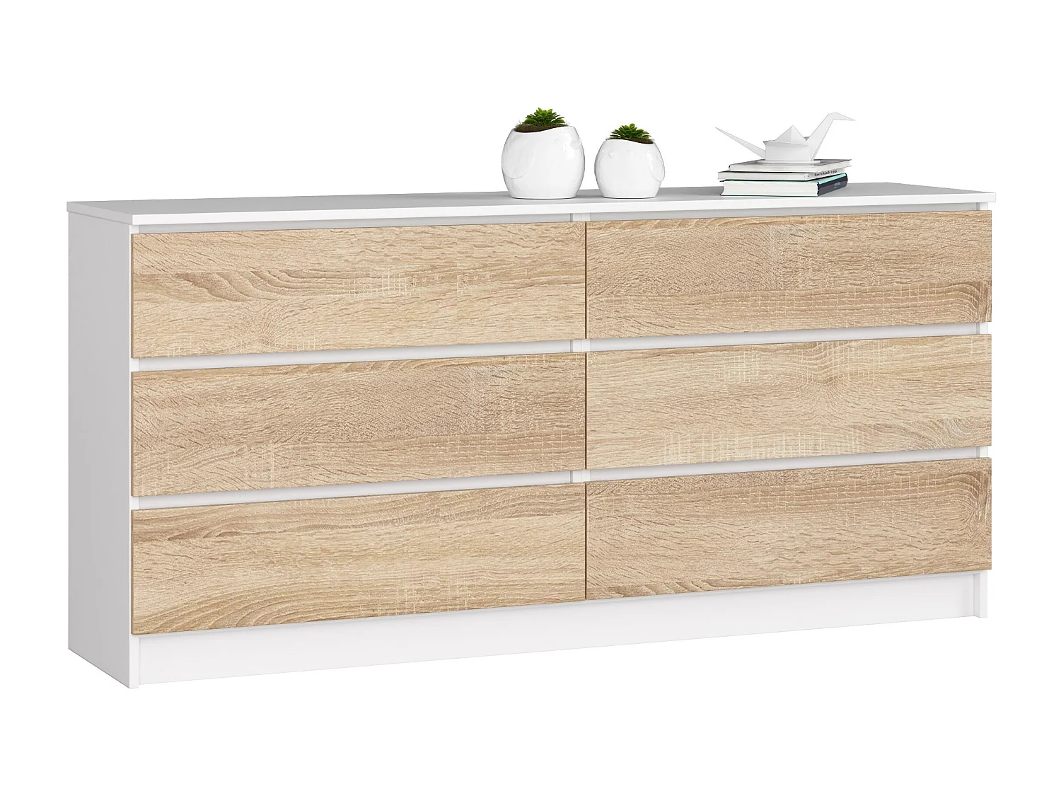 Grande Commode pour le salon AKORD K160 Blanche 160 cm 6 tiroirs façade Chêne Sonoma 160x40x77 cm
