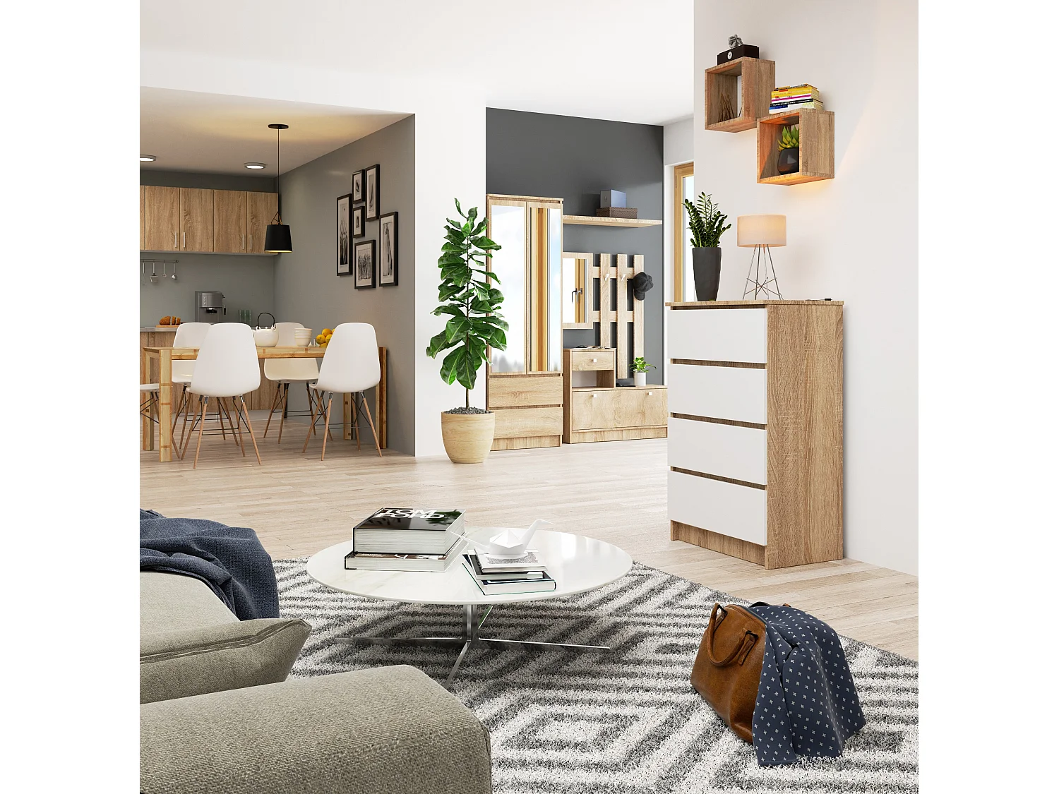 Commode AKORD K60 Chêne Sonoma 60 cm 4 tiroirs façade Blanche 60x40x99 cm