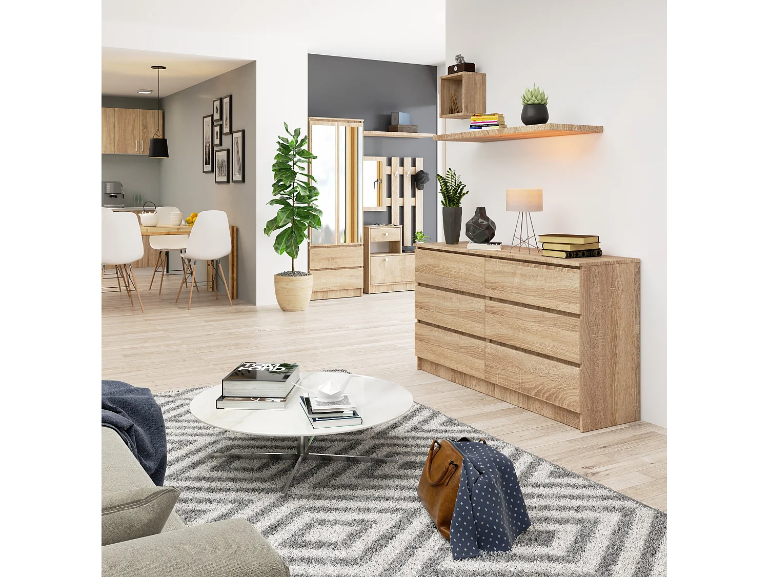 Kommode AKORD K140 Sonoma-Eiche 138 cm 6 Schubladen B138 x H77 x T40 cm