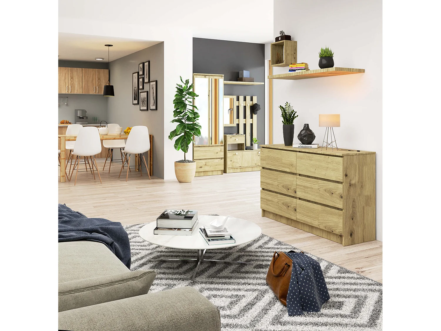 Commode AKORD K120 Chêne Artisan 120 cm 6 tiroirs façade Chêne Artisan 120x40x77 cm